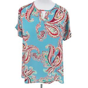 Van Heusen Women XXL Paisley‎ Print Keyhole Neck Blouse Blue Red Short Sleeve
